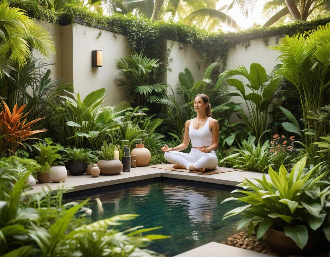 A serene and elegant scene featuring a diverse group of people engaging in various wellness activities, such as yoga, meditation, and skincare routines, amidst a lush garden. They are surrounded by elements of style like chic fashion accessories, stylish home decor, and organic beauty products. The background is filled with vibrant green plants, gentle sunlight, and flowing water, symbolizing holistic harmony. super-realistic. vibrant colors. natural light.